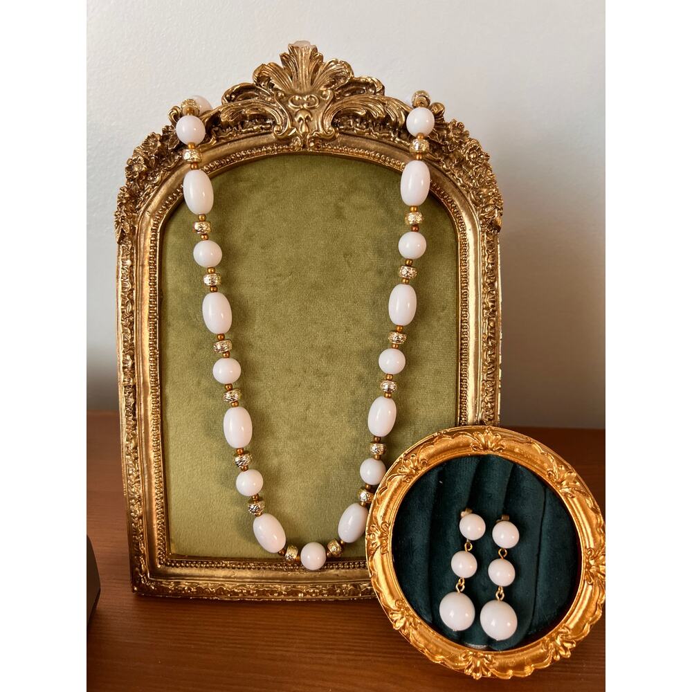 Vintage 30" White Glass Bead Necklace Gold-Tone Silver Etched Spacers retro